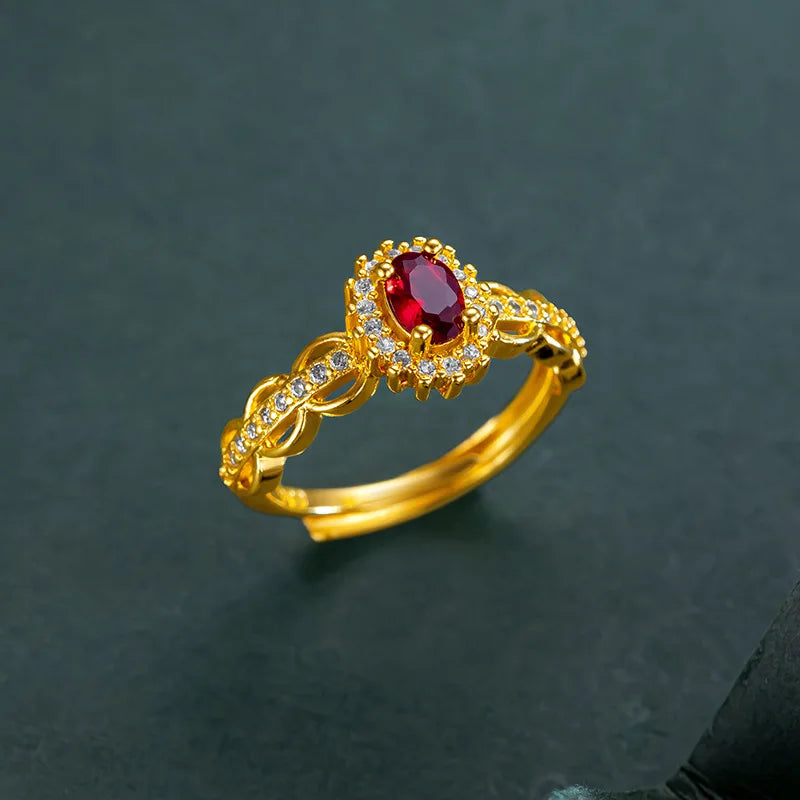 Luxury 24K 9999 Pure Gold real gold Vintage Lace Red Diamond Women's Ring Adjustable Women's Ring for Lover Gift