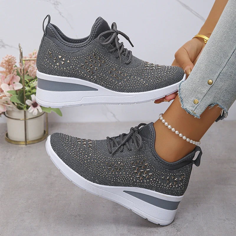 Women's Shiny Rhinestone Wedge Sneakers Breathable Knit Non Slip Walking Shoes Woman Plus Size Fashion Thick Sole White Sneakers
