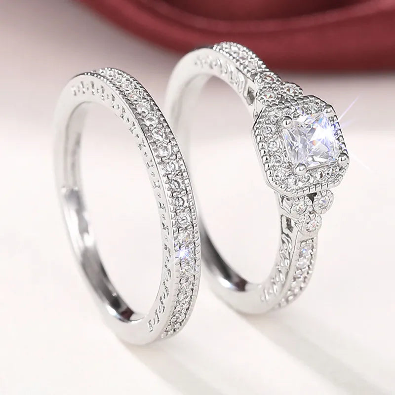 925 Sterling Silver Set Rings for Women 2Pcs Luxury Cubic Zircon Wedding Accessories Temperament Elegant Female Jewelry