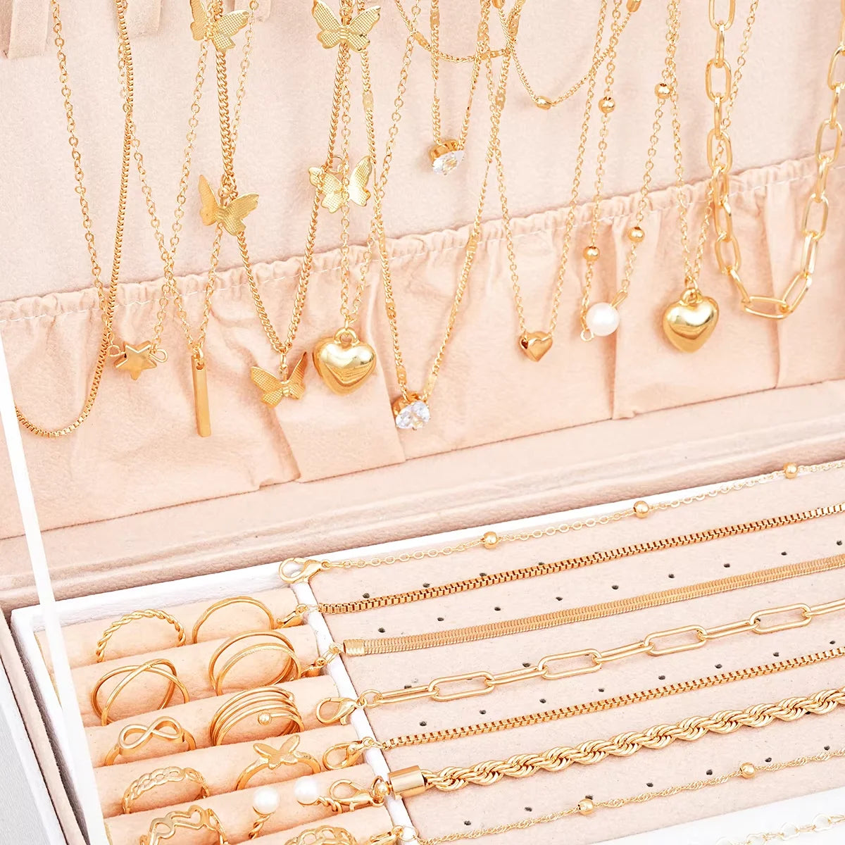 40 Pcs/Set Elegant Geometric Pearl Rings Multi-Layered Heart Zircon Necklace Simple Bracelet 3-In-1 Jewelry Set For Women Gifts