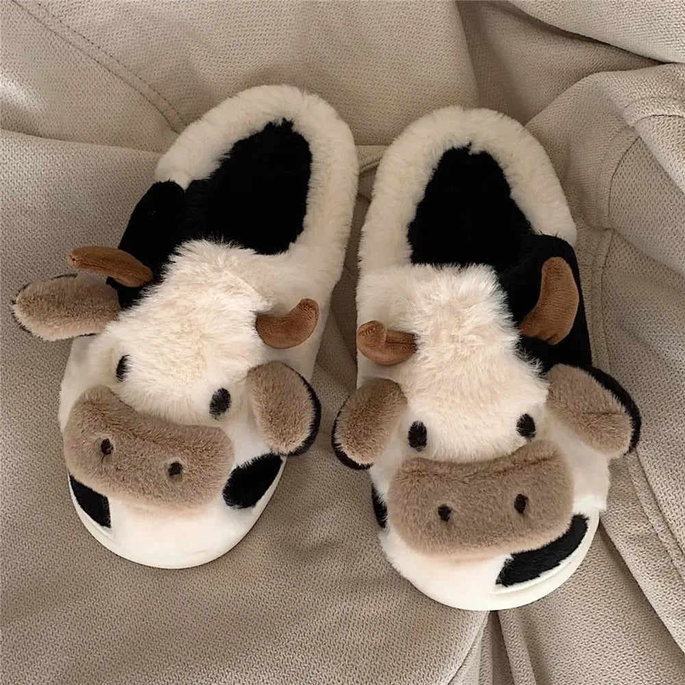 New Winter Neutral Cartoon Cow Warm Plush Slippers for Couples,Indoor Anti Slip Home Slippers for Men Women,Home Cotton Shoes