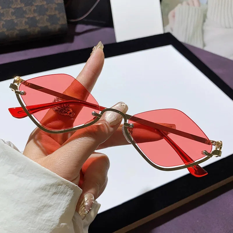 Metal Women Simple Trend Sunglasses Men 2025 New Half Frame Diamond Shaped Sunglasses Dopamine Small Frame Outdoor Sunglasses