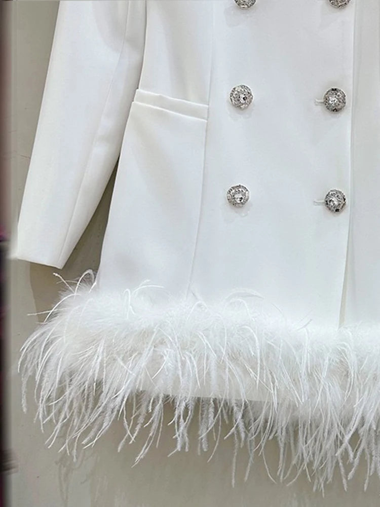 Retro round neck double-breasted square drill hem stitching ostrich hair suit dress autumn new female high-grade short dress ski