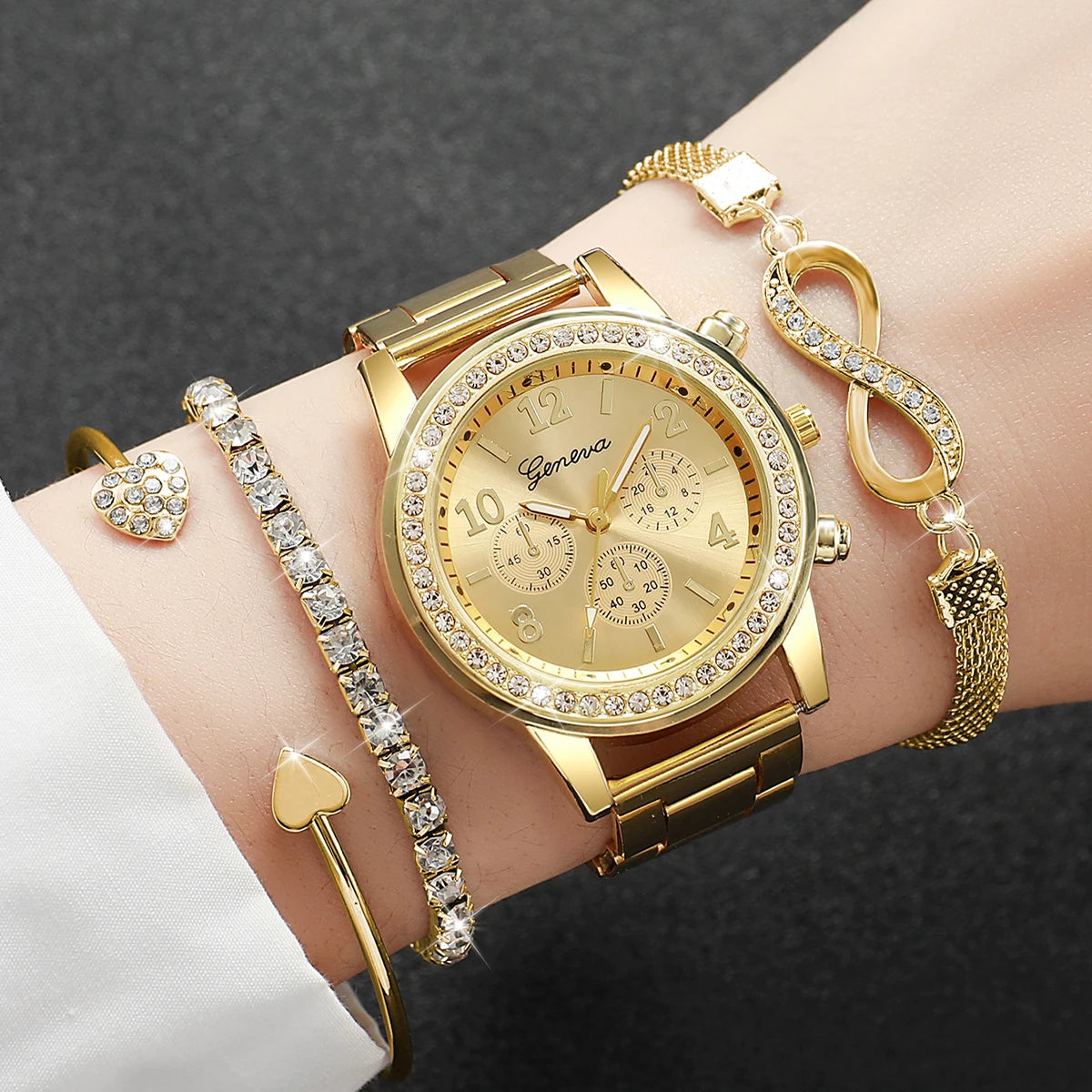 4PCS Fashion Women Watch Luxury Rhinestone Steel Band Ladies Quartz Watch Bracelet Set Relogio Feminino（Without Box）
