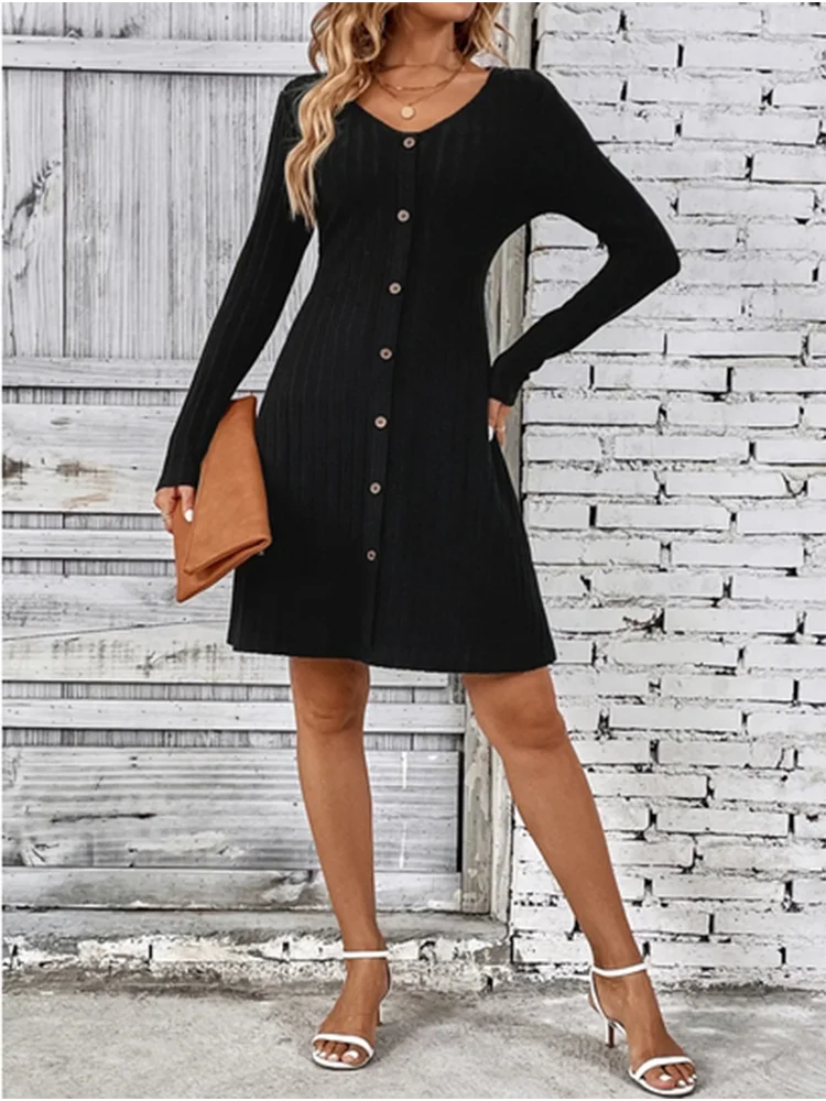 Women's V-Neck Button Dress Monochromatic A-line Casual Comfortable Spring Autumn Trend