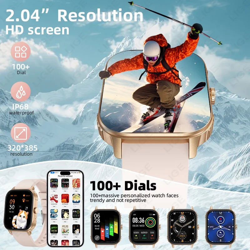 LIGE New 2.04" HD Display Health Monitor Smart Watch 2025 1000mAh Large Battery Bluetooth Call IP68 Waterproof Sports Smartwatch