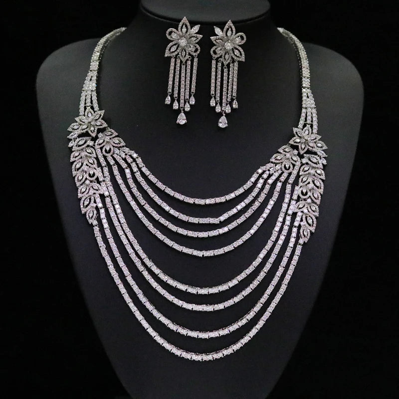 Luxurious 8-layer pendant Long Tassel Jewelry Sets Exaggerated Ladies Dubai Nigeria Crystal Necklace Party Wedding Accessories