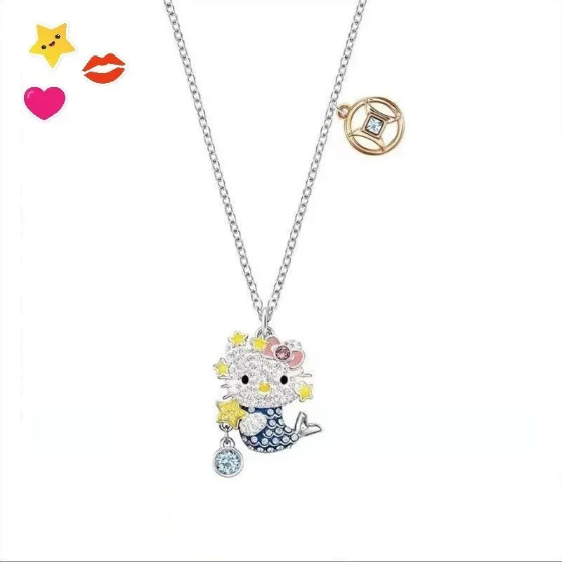 Sanrio Hello Kitty Necklace Anime Character Pink Peach Heart Crystal Cat Push-Pull Bracelet Pendant Couple Decoration Girl Gift