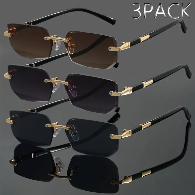 3pcs of men's frameless rectangular fashionable glasses - durable PC lenses suitable for commuting and casual wear