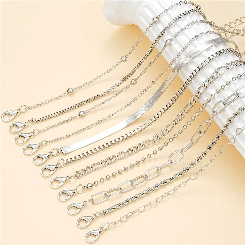 11pcs/set Silver Color Chain Bead Bracelets for Women Simple Elegant Vacation Beach Party Casual Jewelry Versatile Daily Wear
