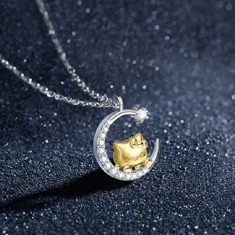 Sanrio Hello Kitty Necklace Anime Character Pink Peach Heart Crystal Cat Push-Pull Bracelet Pendant Couple Decoration Girl Gift