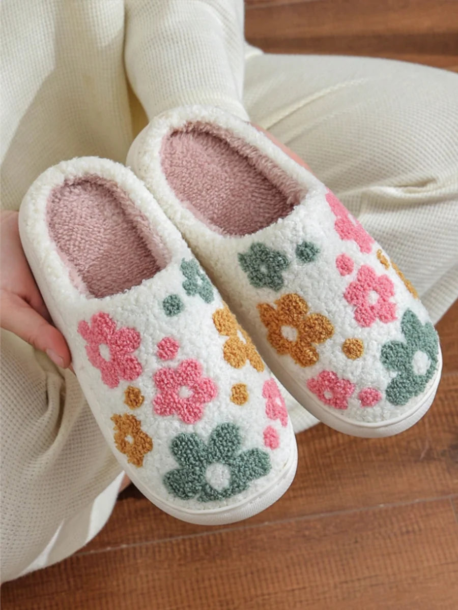Women's Winter Slippers New Comfortable Home Cute Colorful Flowers Winter Couple's Warm Indoor