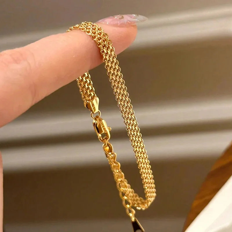 Stainless Steel 18K Gold Plated Exquisite Weaving Mesh Bracelets for Women Chunky Trendy Link Chain Adjustable Bracelet Jewelry