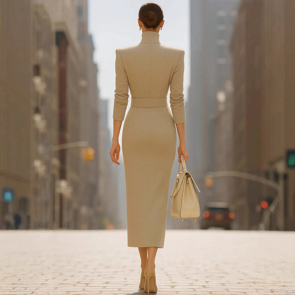 Office Lady Slim Maxi Dress Women 2025 Autumn Winter Fashion Long Sleeve V-neck Bodycon Dresses Elegant Vestidos