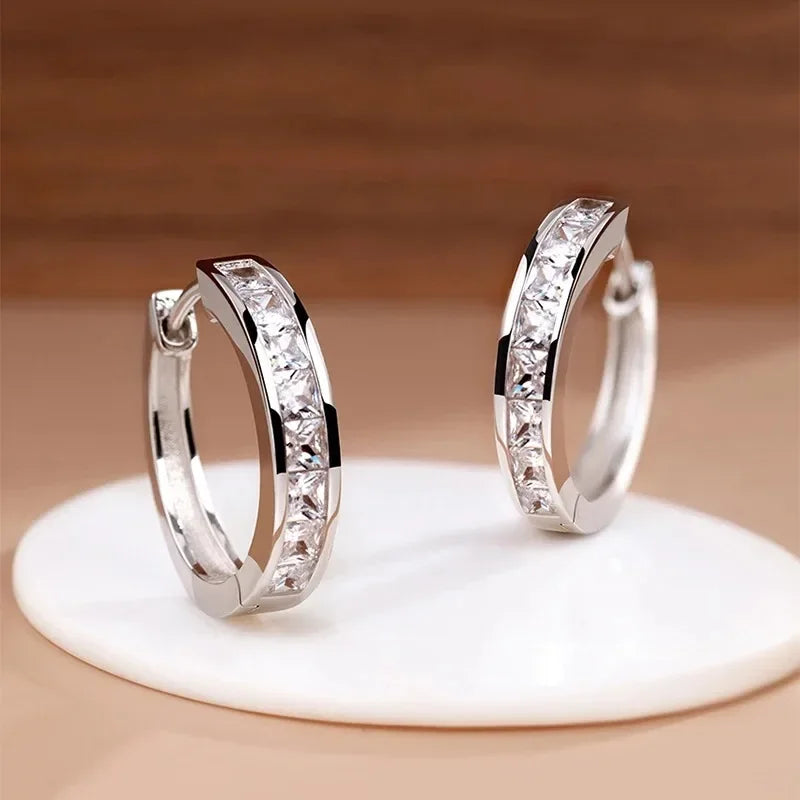 New 925 Sterling Silver Shining Zircon Earrings Women's Circle Round Earrings Fashionable Elegant Jewelry Birthday Party Gifts