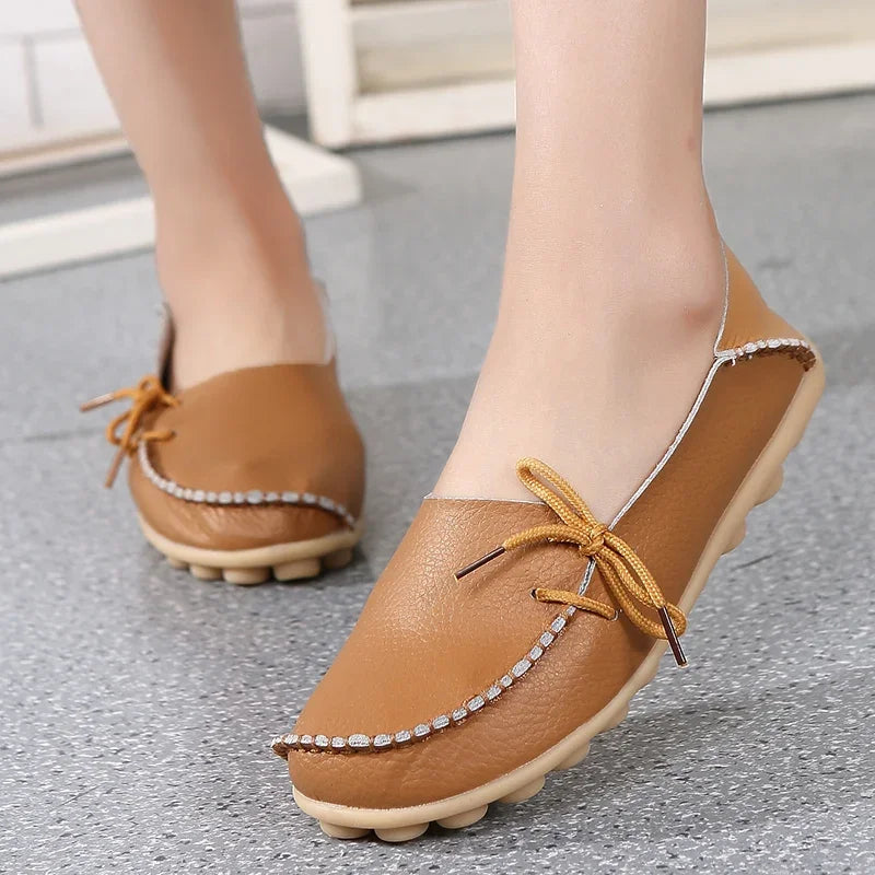Moccasins Women Flats  Autumn New Woman Loafers Genuine Leather Female Shoes Slip on Ballet Bowtie Women's Shoes Big Size