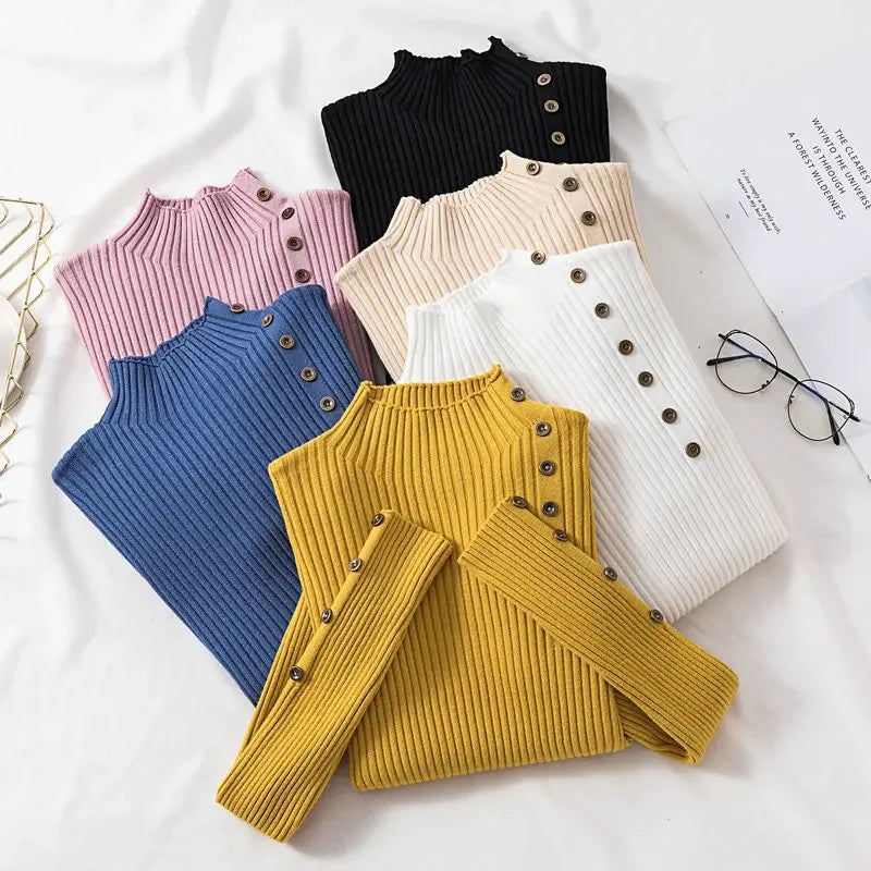 2025 Women Autumn Knitted Slim Sweaters Female Solid Knitted Cotton Soft Elastic Pullovers Button Full Sleeve Turtleneck