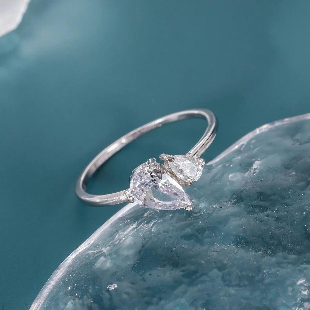 Monkton Genuine S925 Sterling Silver Two Stone Water Drop Rings For Women Dazzling Design Pear Shape CZ Finger Ring Fine Jewelry