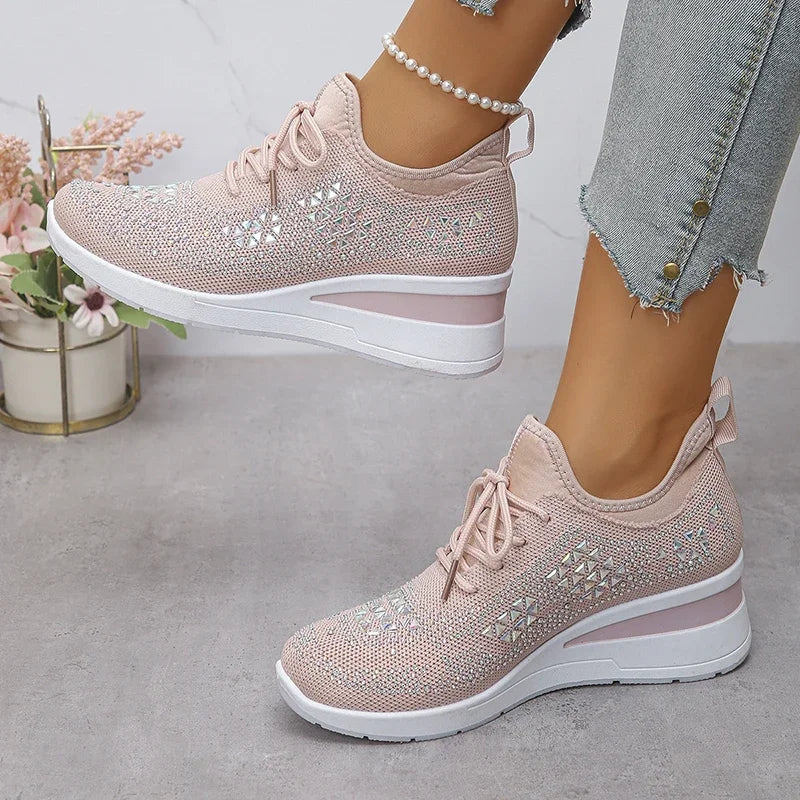Women's Shiny Rhinestone Wedge Sneakers Breathable Knit Non Slip Walking Shoes Woman Plus Size Fashion Thick Sole White Sneakers