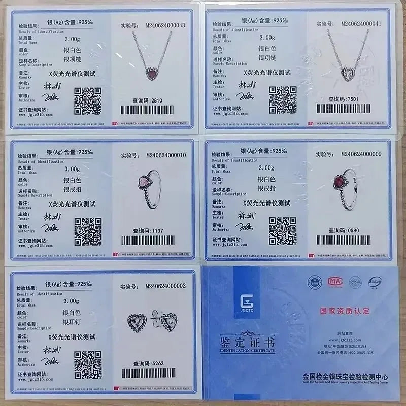 New 925 sterling silver heart-shaped earrings, rings, necklaces, pink red rainbow luxury set, sparkling charm jewelry,  gifts