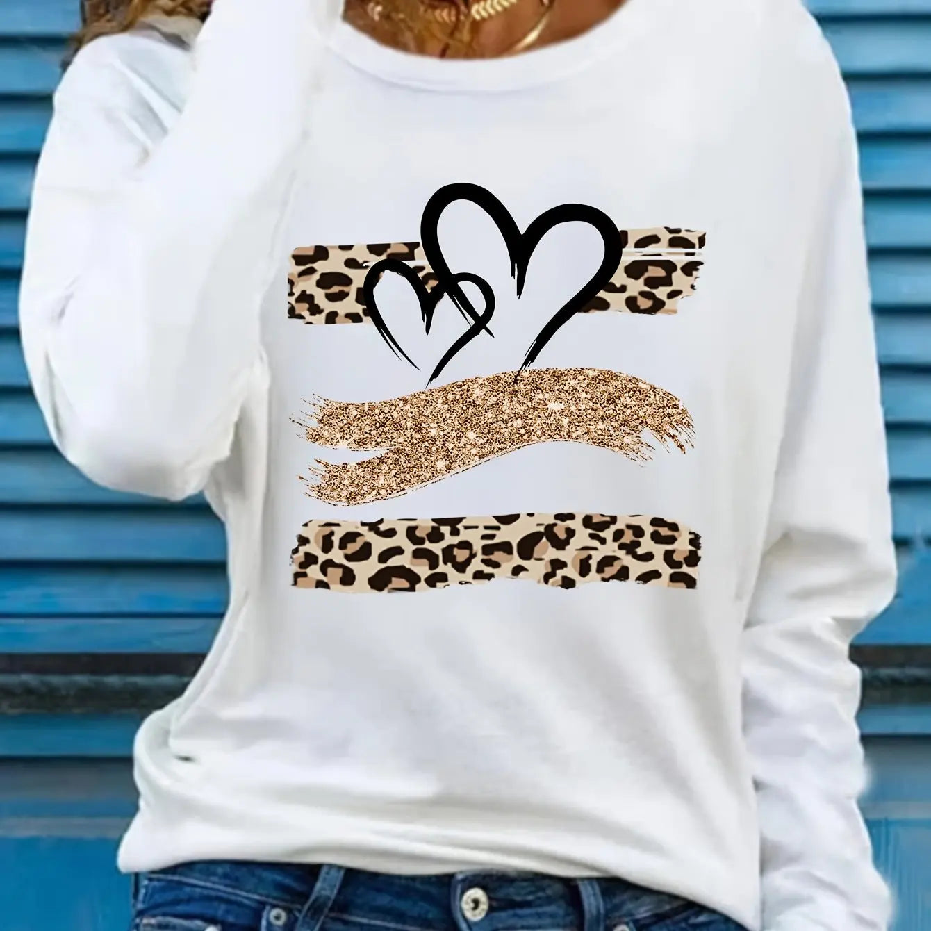 Women's Spring and Autumn 100% Cotton Fashion Casual Loose Leopard Pattern Heart Pattern Printed Round Neck Long Sleeve T-shirt