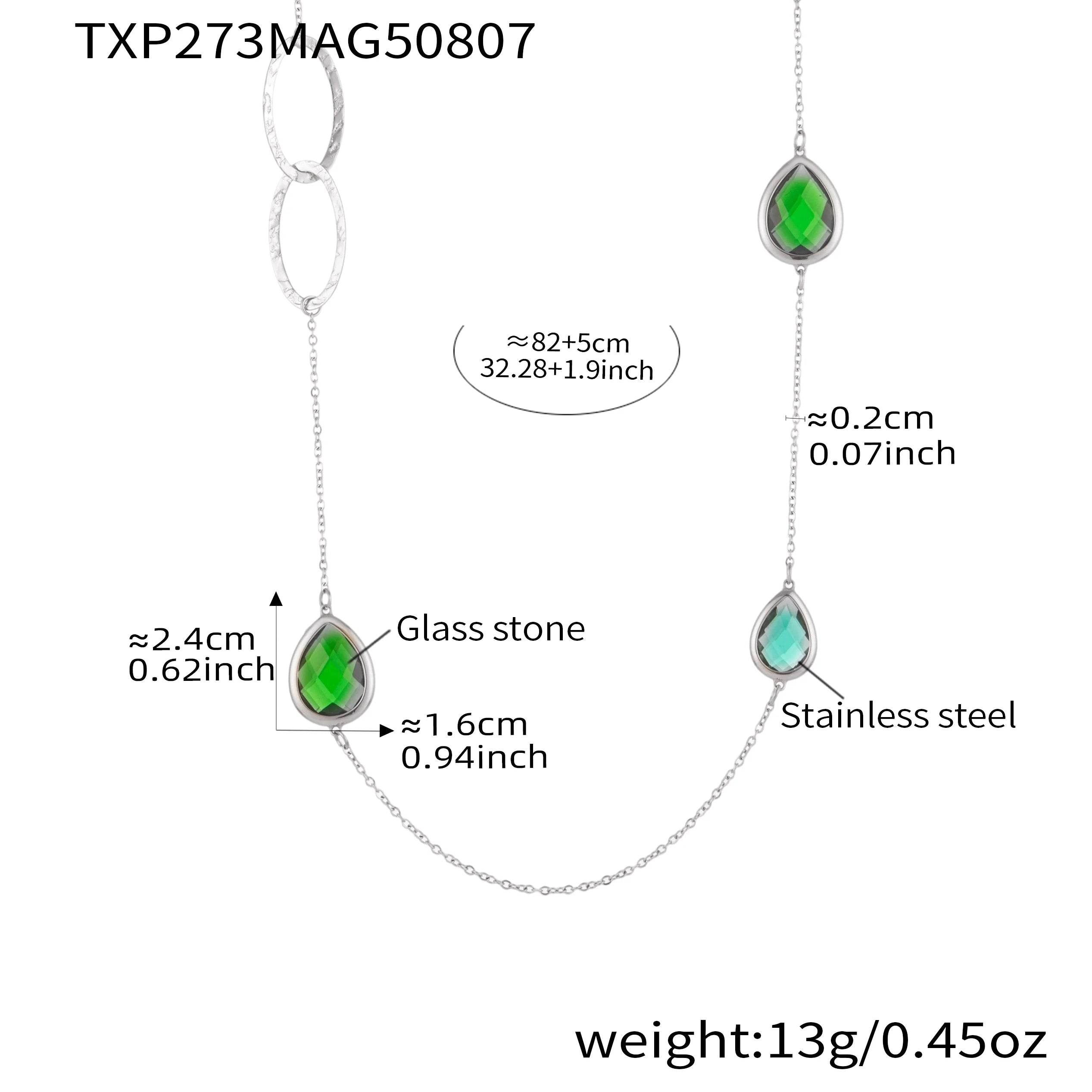 Colorful Glass Water Drop Pendant Necklace for Women's Waterproof Stainless Steel Gold-plated Chain 87cm Long Necklace Jewelry