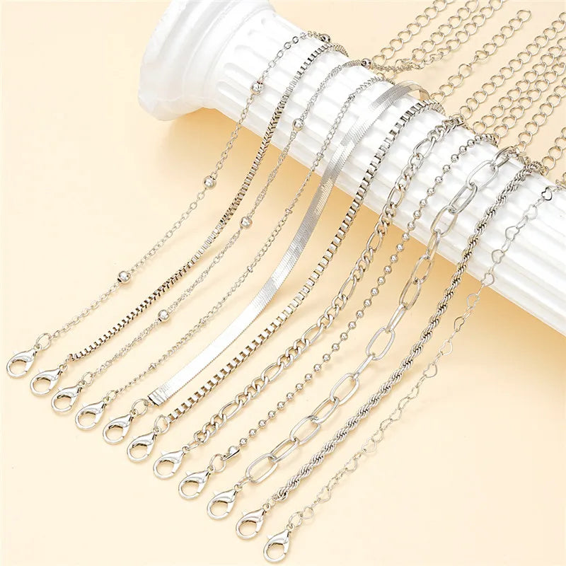 11pcs/set Silver Color Chain Bead Bracelets for Women Simple Elegant Vacation Beach Party Casual Jewelry Versatile Daily Wear