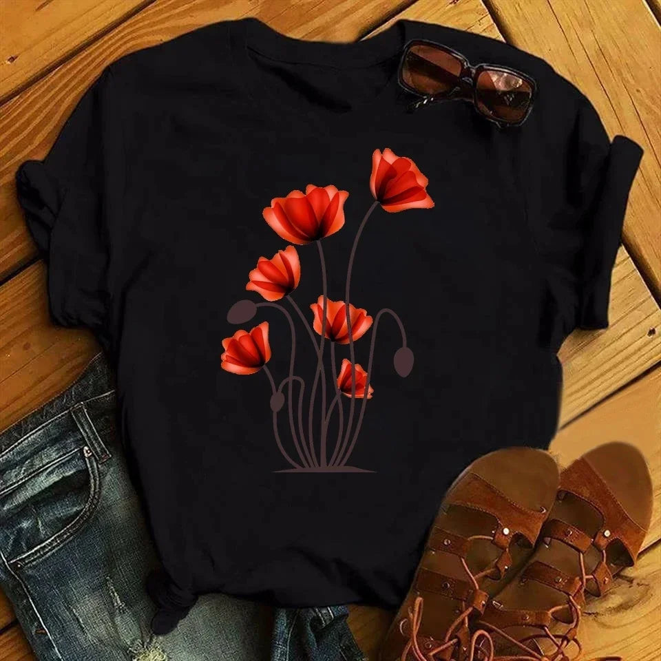 Female Short Sleeve Tshirt Harajuku Tee Shirts Girls T-shirts Fashion Red Poppy Women T Shirt Funny Black Printed Tops Tee