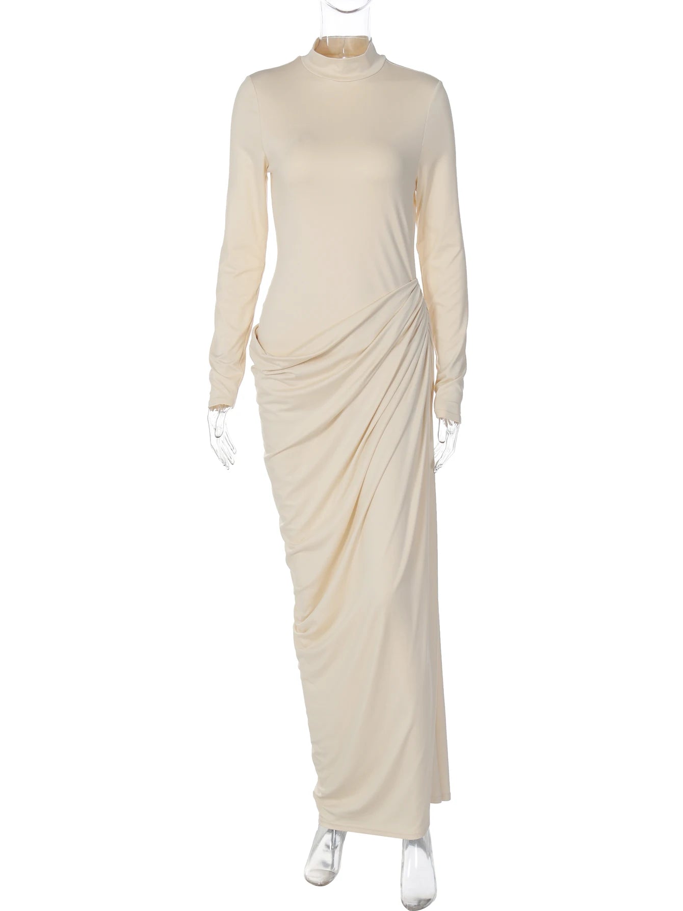 Dulzura Autumn Fashion Elegant High Collar Long Sleeve Ruched Slim Fit Long Dress Women'S Solid Casual Party Club Street Clothes