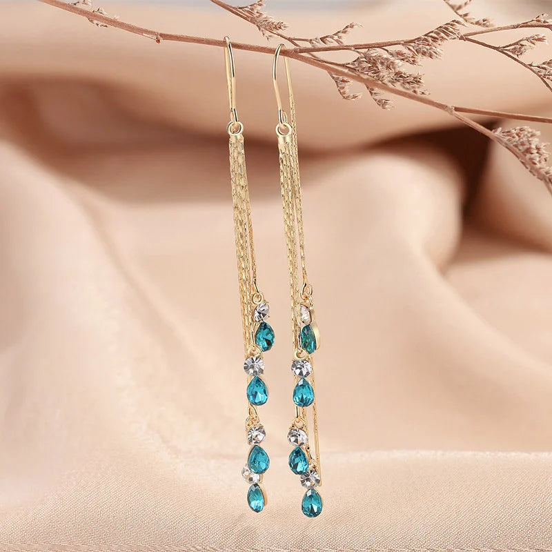Luxury Temperament Green Zircon Drop Earrings For Women Korean Fashion Long Tassel Rhinestone Earring Wedding Party Jewelry