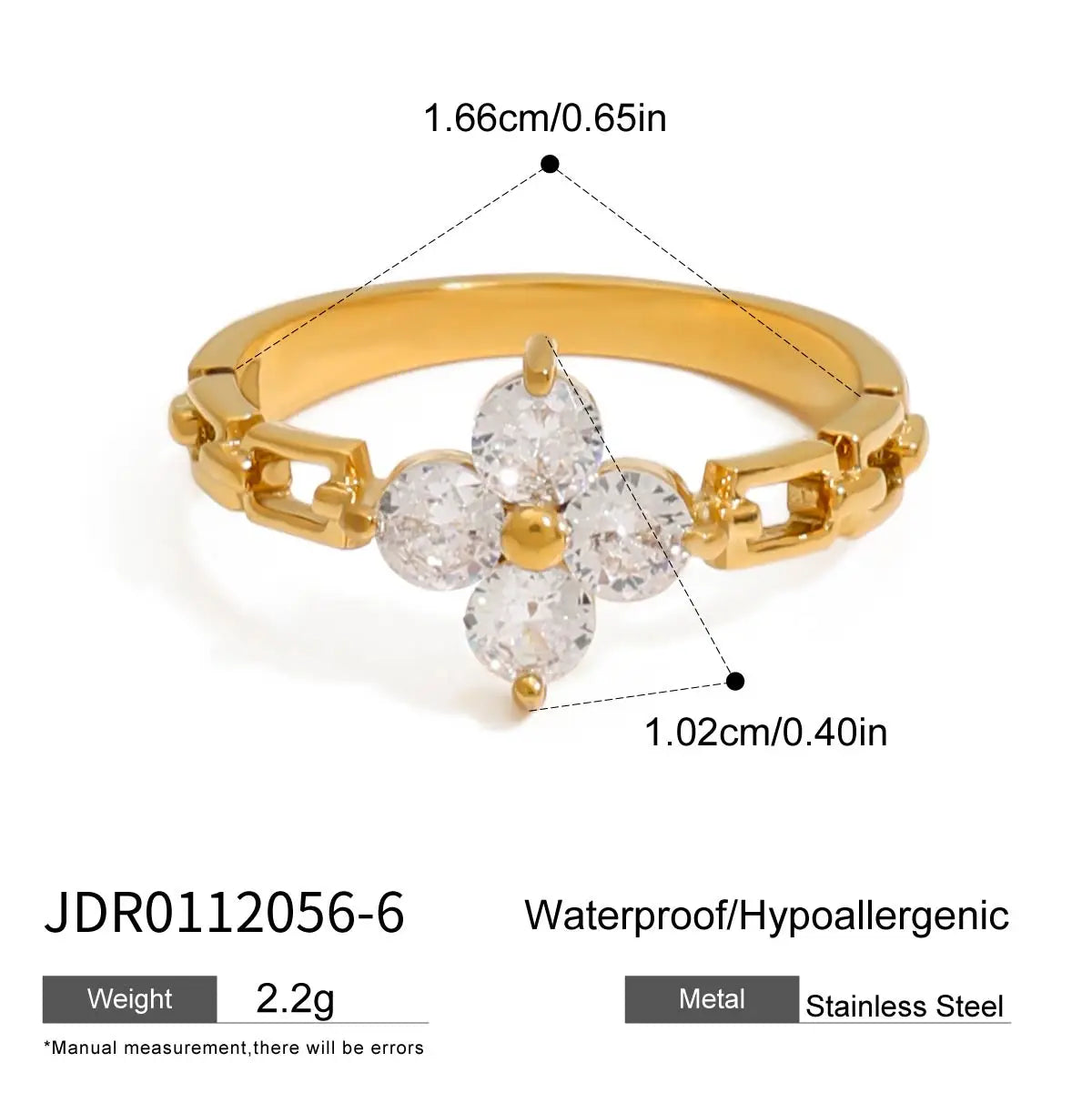 Uworld Minimalist 18K Gold Color Plated Stainless Steel Geometric Zircon Flower Ring Stackable Texture Ring Women's Jewelry