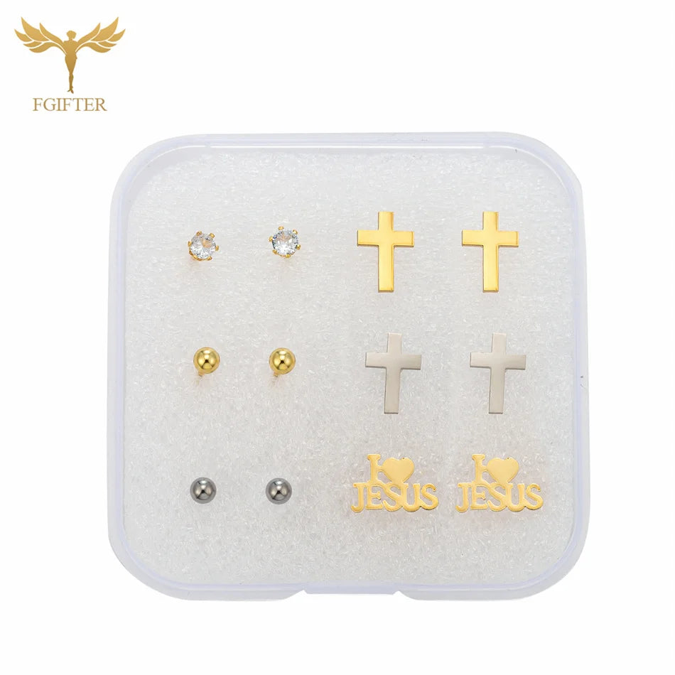 Christian Jesus Cross Earrings Zircon Balls Stainless Steel Stud Earings Set Women Men Jewelry Small Christmas Gifts With Box