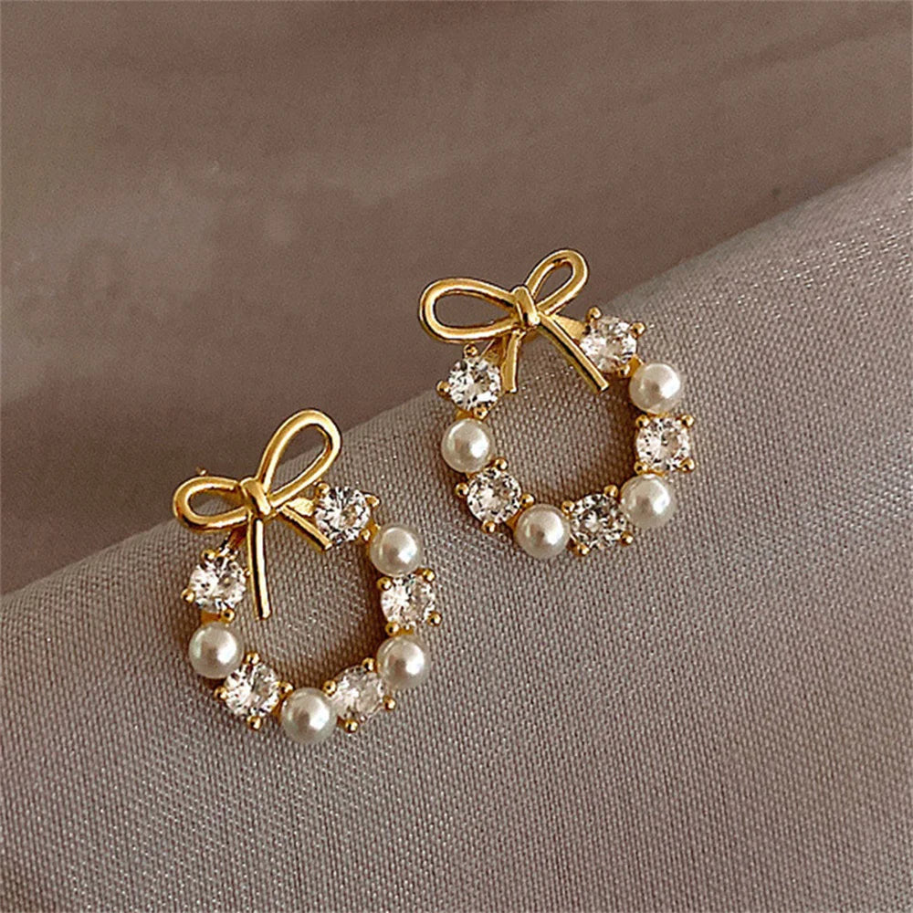 Simple Bow Garland Earrings Acrylic Crystal Pearl Earrings For Women Trendy Party Jewelry Earrings Accessories Gifts