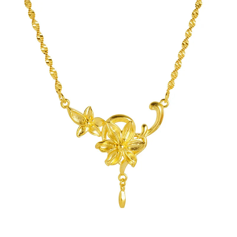 Luxury 24K 9999 Pure Gold real gold Women's Twin Flower Tassel Vine Necklace