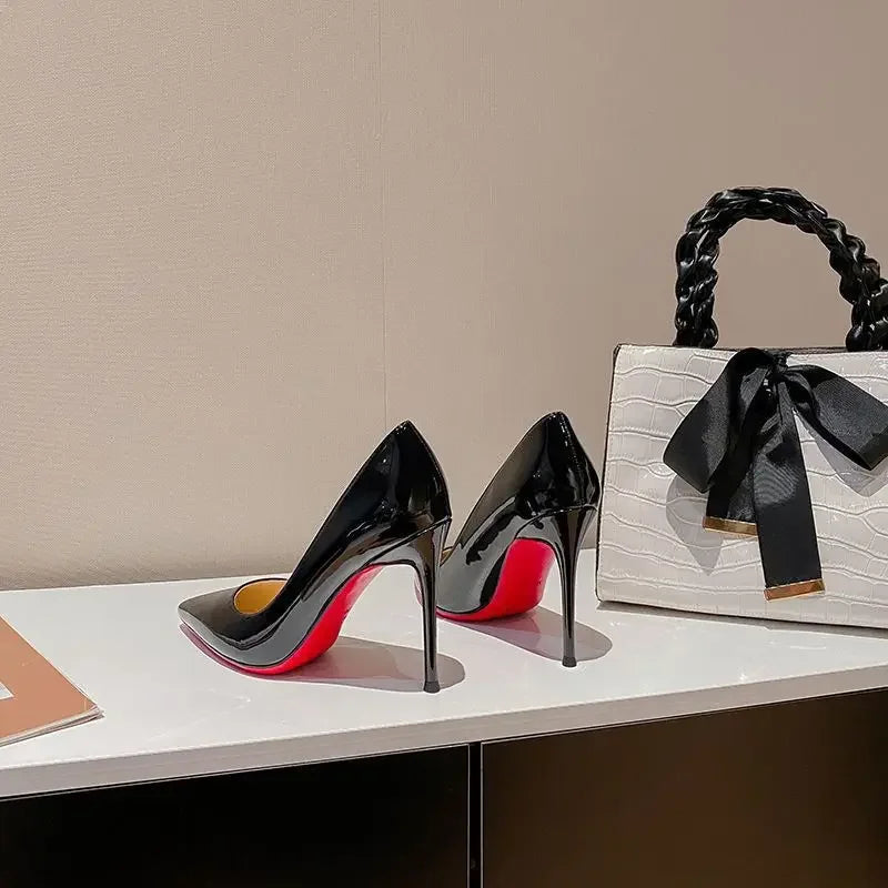 Black Elegant Sexy High Heeled Shoes Women's Patent Leather Single Shoe Spring 2024 New Style Pointed Toe Slim Heel