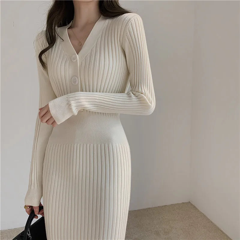 Autumn Winter Sweater Dress For Women 2024 New Arrivals Buttons Up V Neck High Waist Long Knitted Dress Korean Maxi Dresses