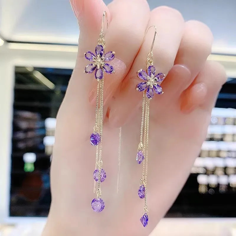 Luxury Crystal Flower Tassel Drop Earrings for Women Shiny Zircon Opal Long Dangle Earrings Girls Party Wedding Jewelry Gift