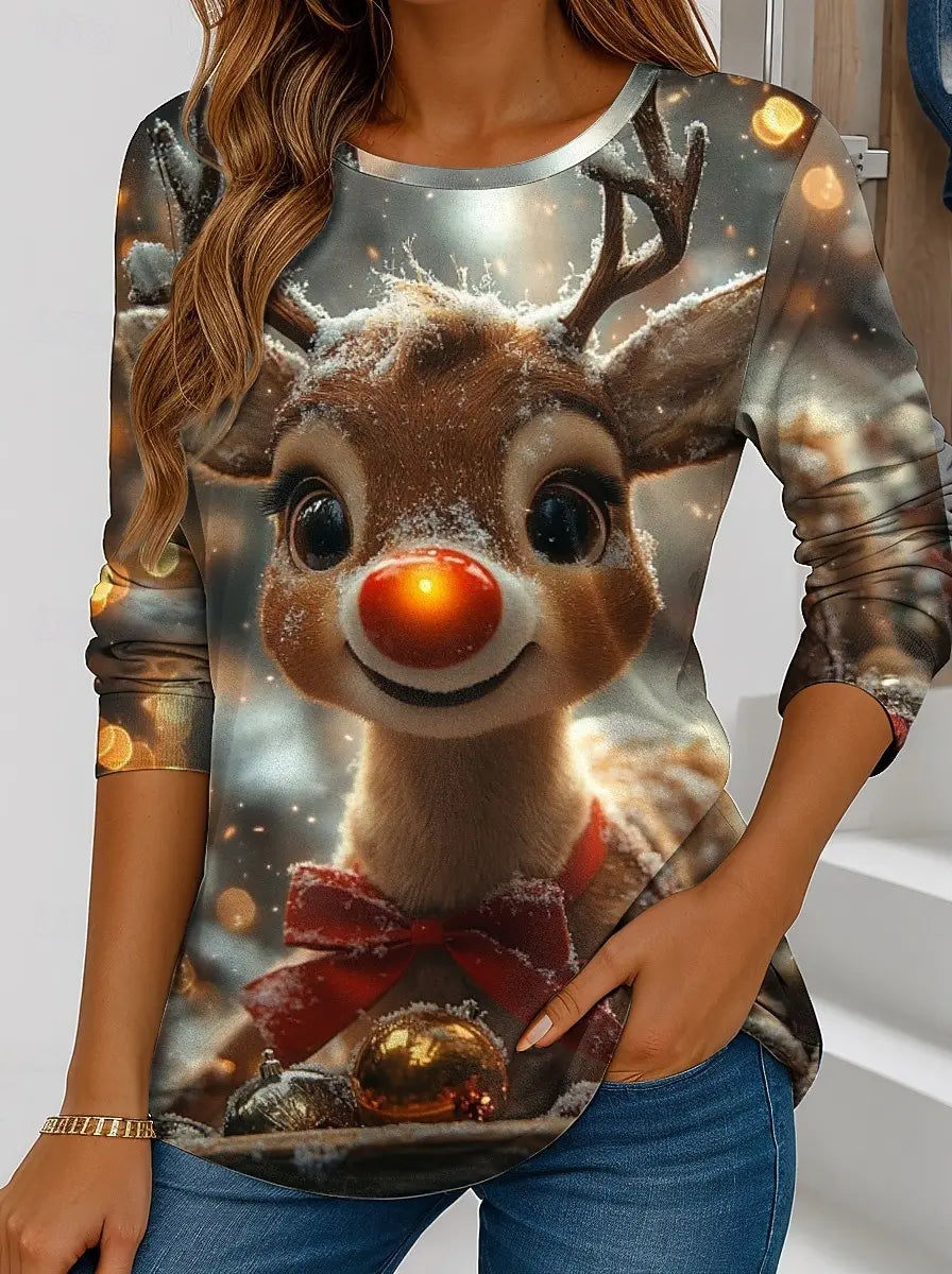 Christmas Women's T-shirt Cute Animal elk 3D Print Crew Neck Outdoor Festival Long Sleeve T Shirts Women Clothing Pullover