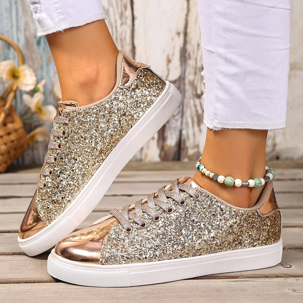 Women Sneakers Bling Golden Shoes Casual Female Breathable Sneakers Lace Up Outdoor Sport Women Vulcanize Shoes Zapatos De Mujer