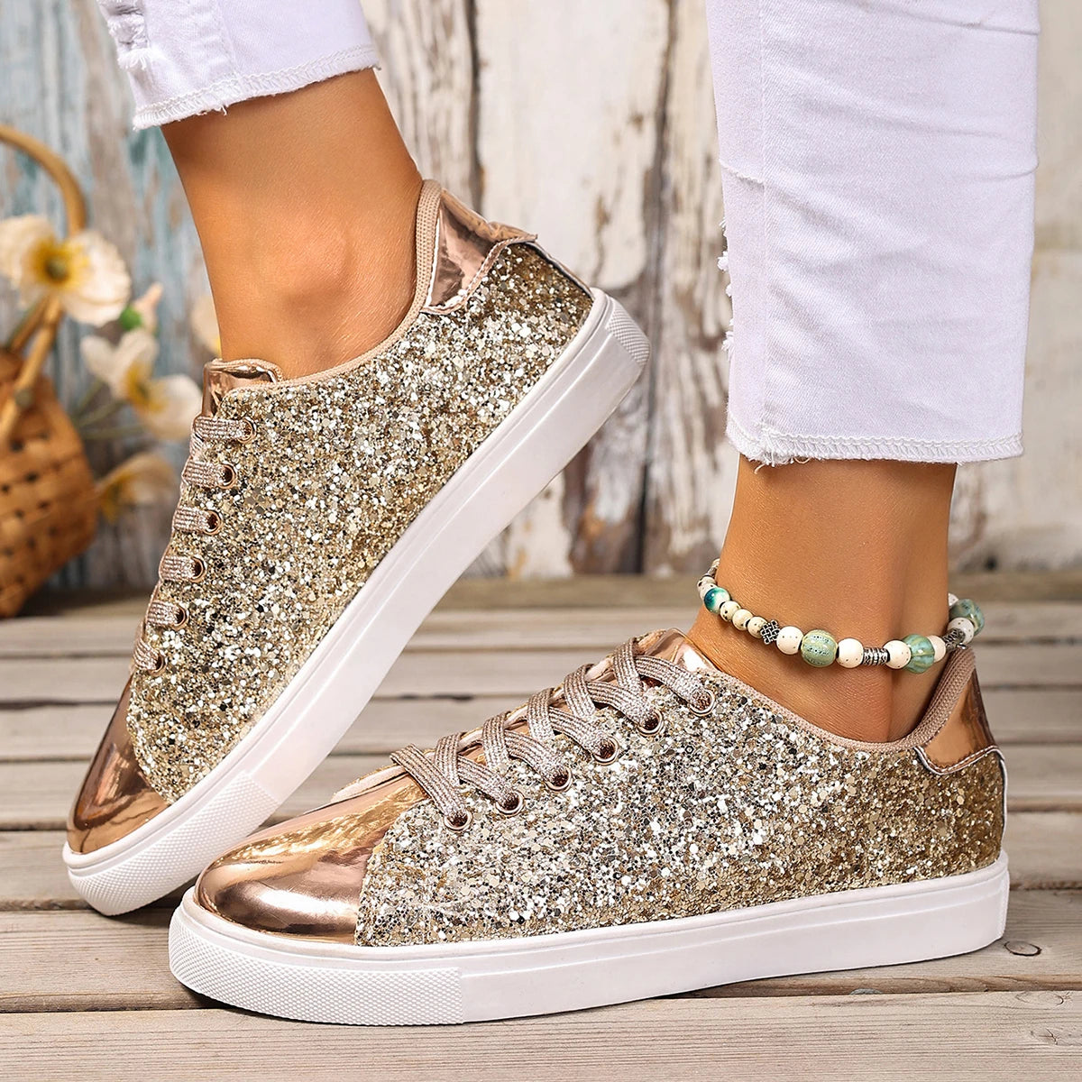 Women Sneakers Bling Golden Shoes Casual Female Breathable Sneakers Lace Up Outdoor Sport Women Vulcanize Shoes Zapatos De Mujer