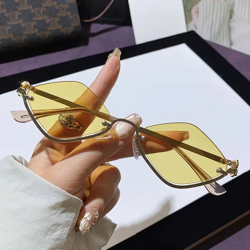 Metal Women Simple Trend Sunglasses Men 2025 New Half Frame Diamond Shaped Sunglasses Dopamine Small Frame Outdoor Sunglasses