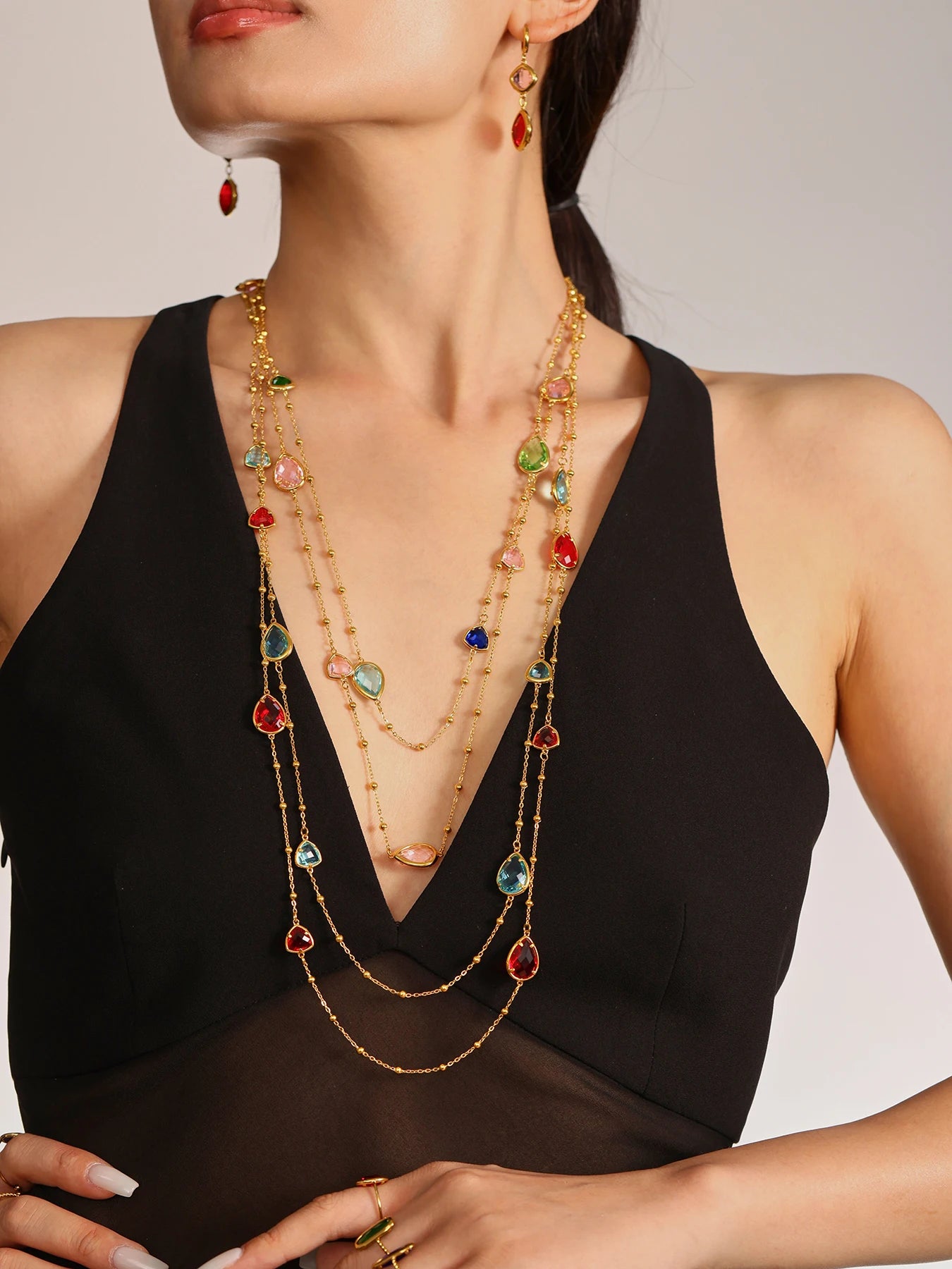 Colorful Waterdrop Stainless Steel Necklace for Women Luxury Czech Glass Gold Plated Cuff Open Bangle Charm Jewelry