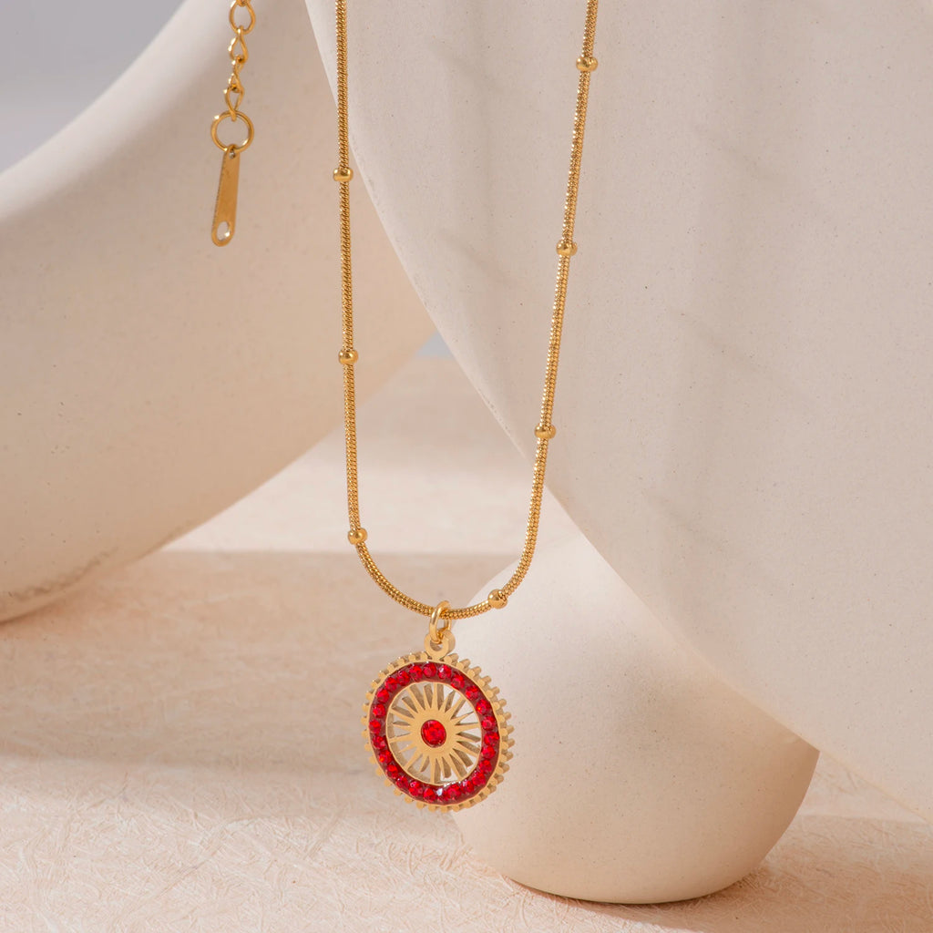 New Fashion Red CZ Circle Pendant Necklace Minimalist Stainless Steel Jewelry for Women Hypoallergenic Rustproof