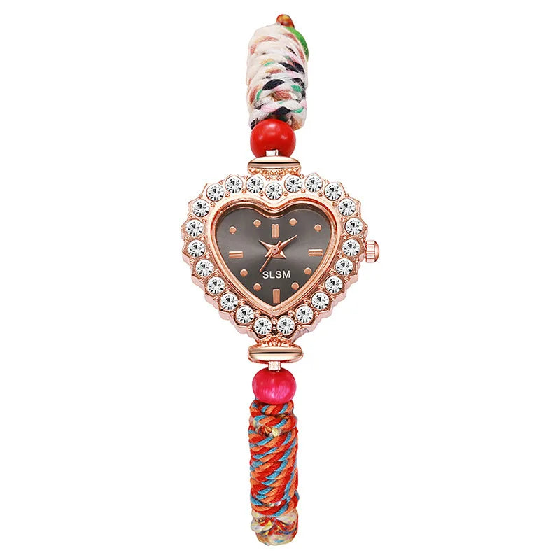 Fashion Braided Rope Strap Women Wristwatch Luxury Rhinestone Heart Dial Ladies Quartz Watches Reloj Mujer