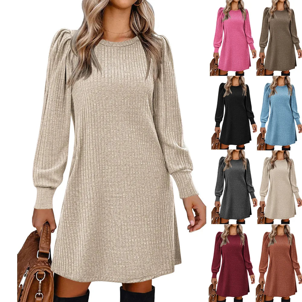 Y2K autumn and winter women's crew neck solid color sweater bubble sleeve fashion commuter dress comfortable casual loose dress