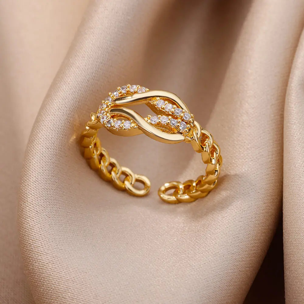 Gold Plated Stainless Steel Crystal Rings For Women Chain Geometry Zircon Finger Ring Jewelry Gift anillos mujer 2025 New Trendy