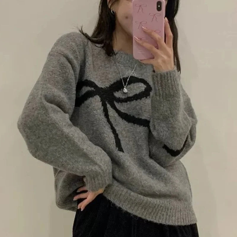 O-neck Long Sleeve Bow Tie Pattern Sweet Pullover Sweater Autumn Women Knitted Top Loose Elegant Fashion Winter Casual Knitwear