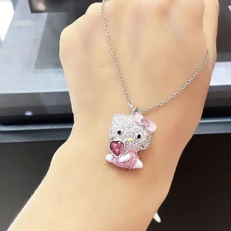 Sanrio Hello Kitty Necklace Anime Character Pink Peach Heart Crystal Cat Push-Pull Bracelet Pendant Couple Decoration Girl Gift