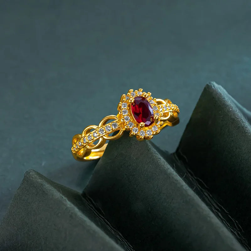 Luxury 24K 9999 Pure Gold real gold Vintage Lace Red Diamond Women's Ring Adjustable Women's Ring for Lover Gift