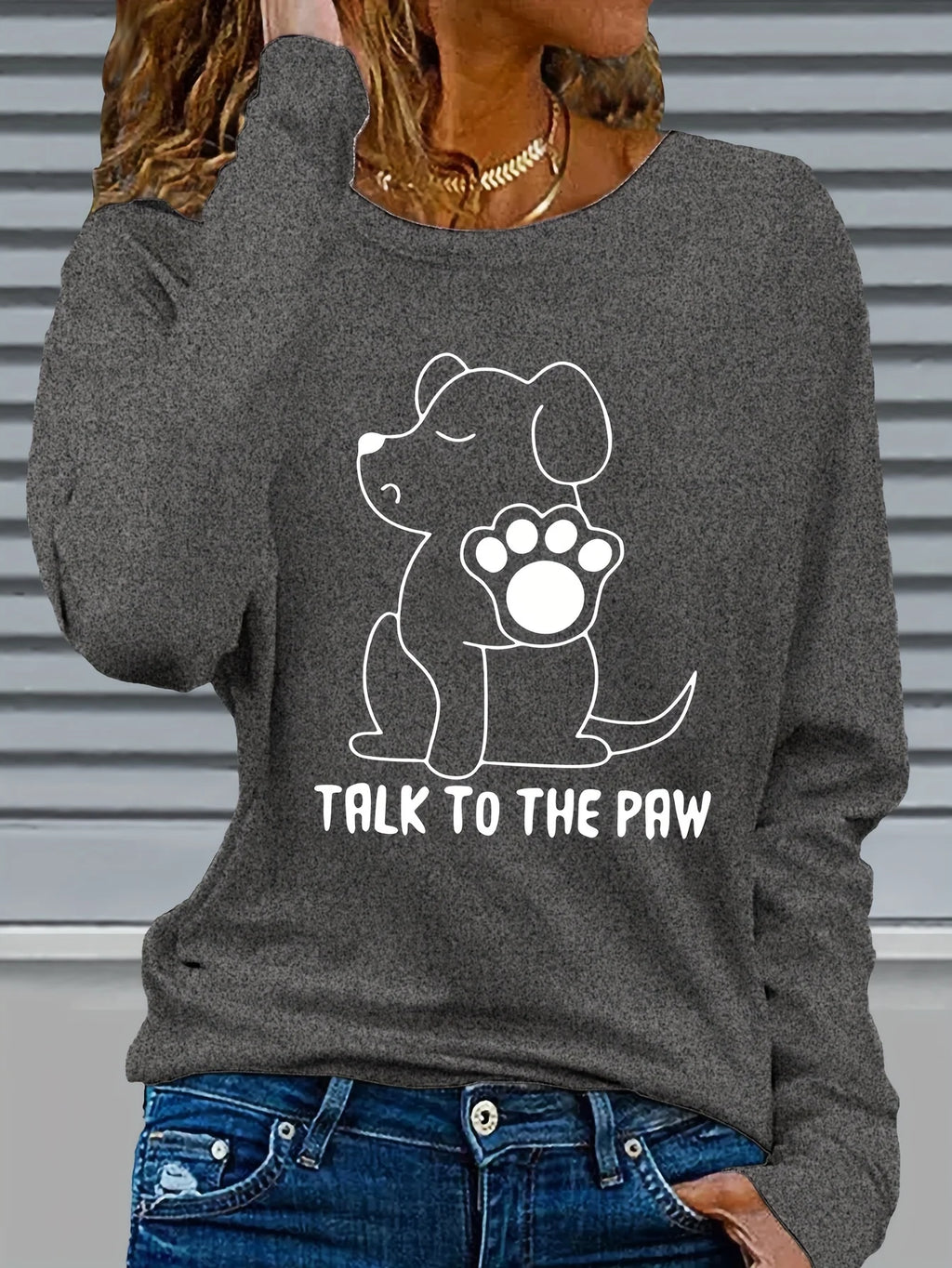 Women's Spring and Autumn 100% Cotton Fashion Casual Loose Fun Dog Pattern Printed Round Neck Long Sleeve T-shirt Top